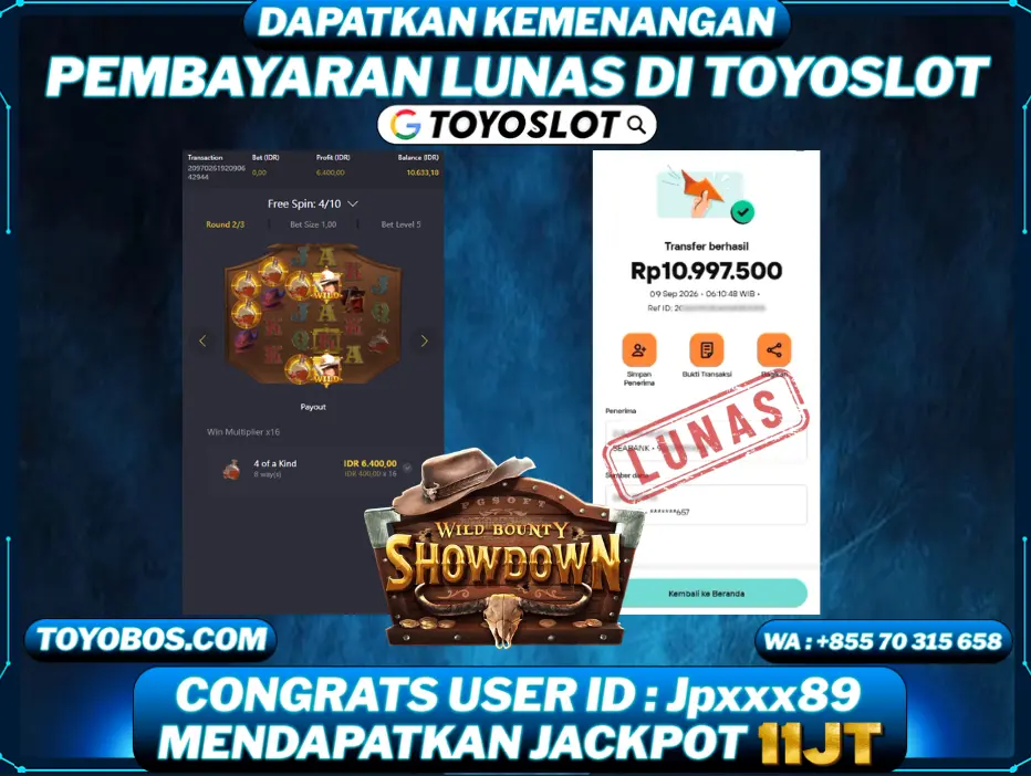 TOYOSLOT - BUKTI KEMENANGAN WILD BOUNTY SHOWDOWN Rp11,000,000,- LUNAS